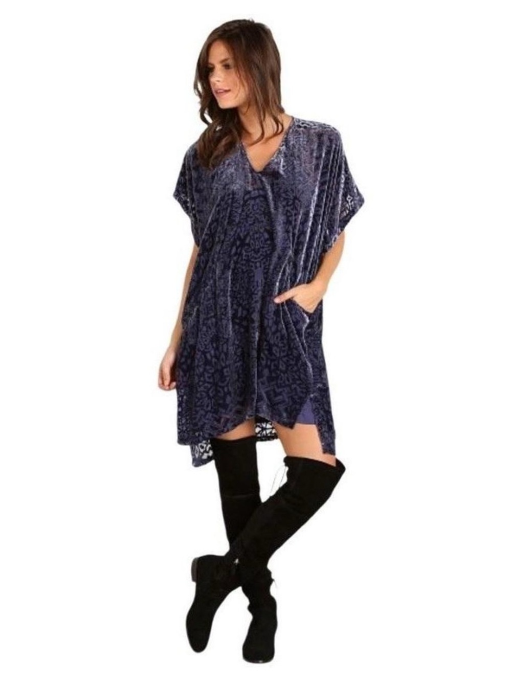 Free People Luxe Extended Burnout Velvet Mini Dress in Navy Blue